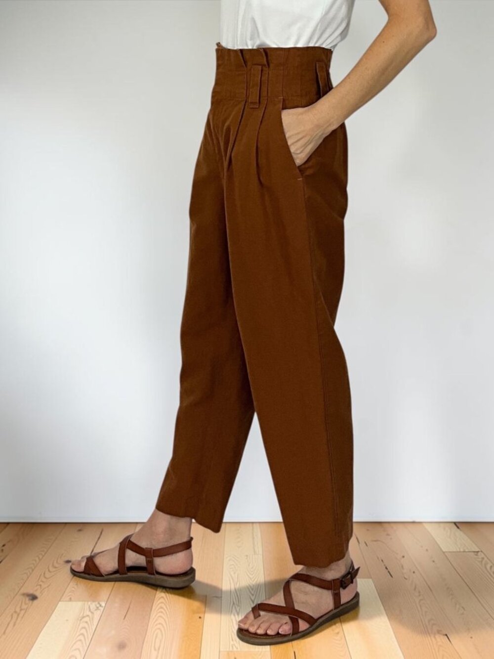 Zara Linen Cotton High Rise Tapered Pant XS Brown Paperbag Waist - Picture 4 of 16